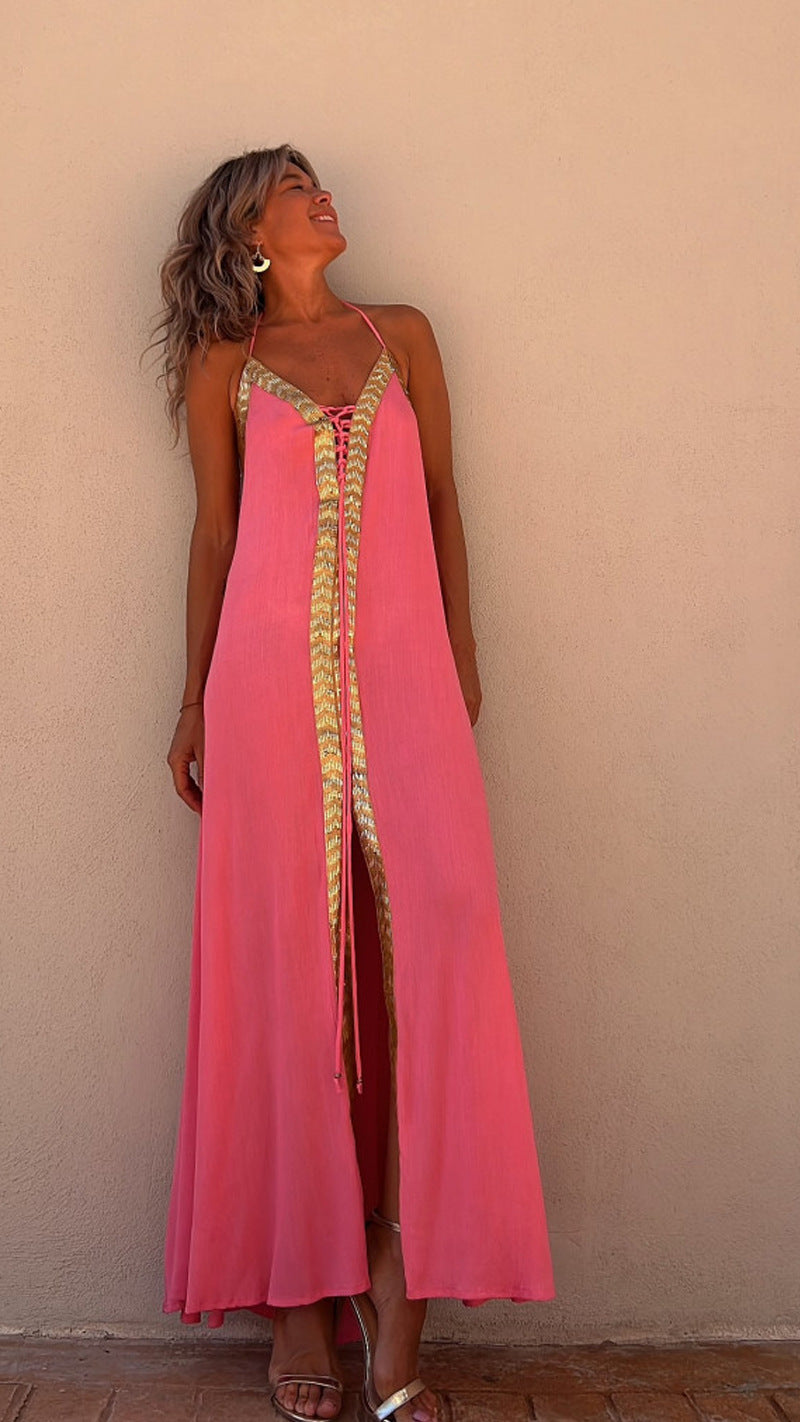 Spring And Summer Halter Neck Casual Loose Vacation Women Maxi Sun Dress