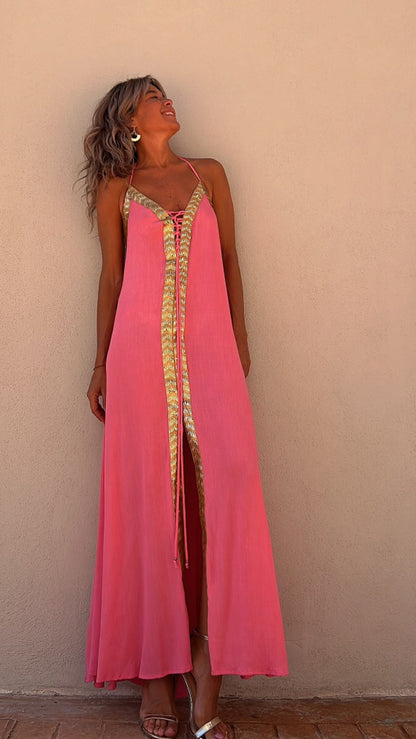 Spring And Summer Halter Neck Casual Loose Vacation Women Maxi Sun Dress