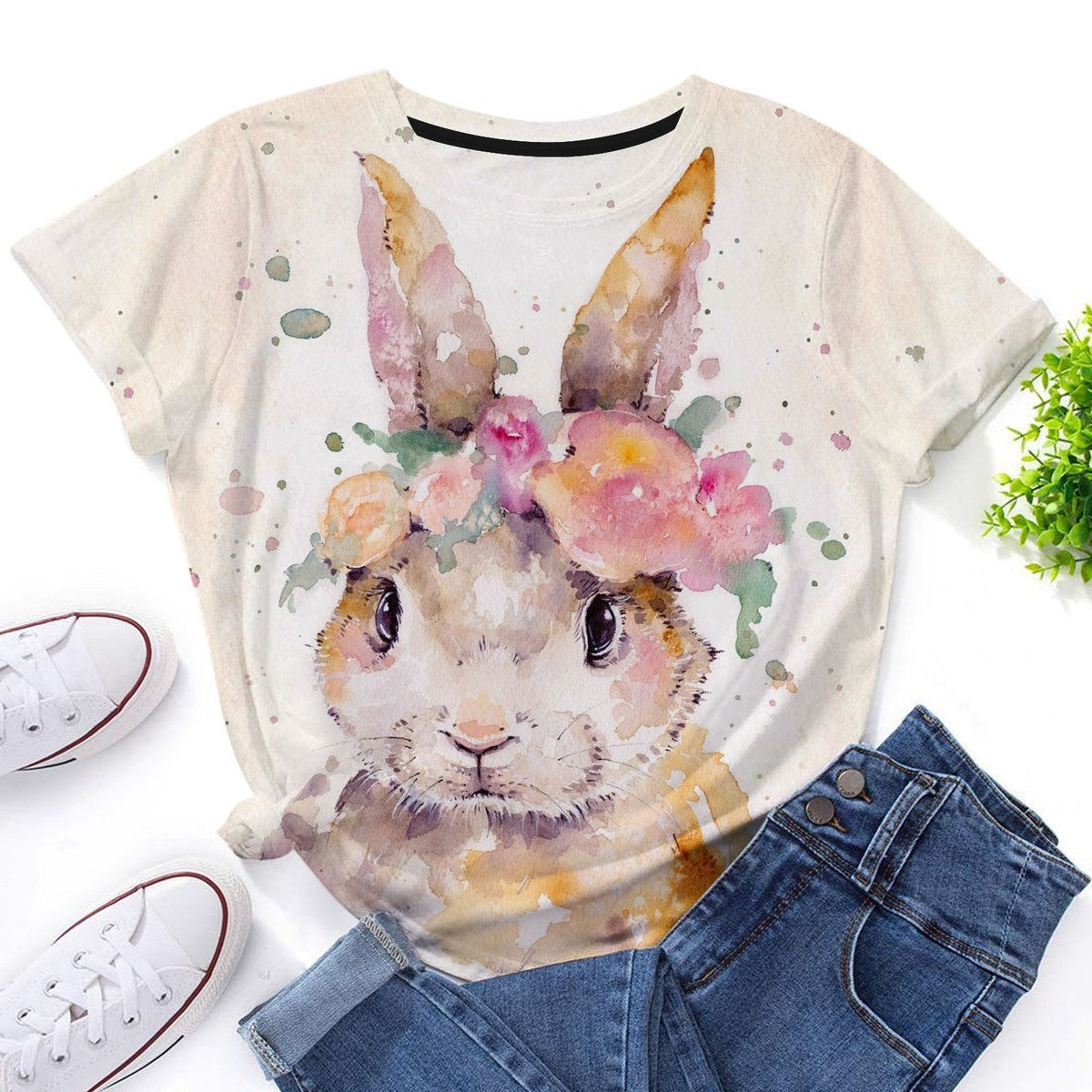 Camiseta informal de manga corta con cuello redondo y estampado de conejo de Pascua para mujer