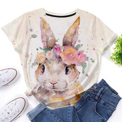 Camiseta informal de manga corta con cuello redondo y estampado de conejo de Pascua para mujer