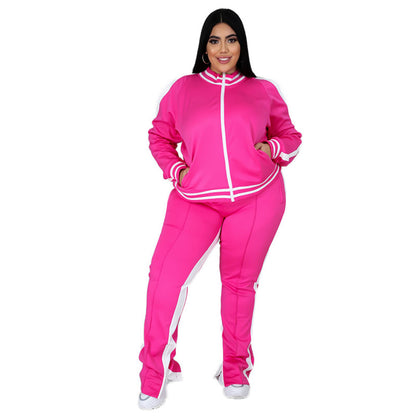 Conjunto de top y pantalón deportivo informal de talla grande para mujer, de manga larga, con cremallera y bloques de color