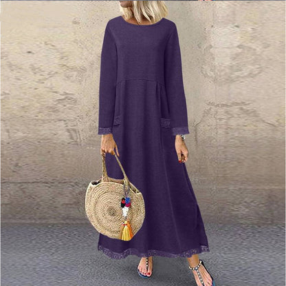 Vestido largo sencillo de color liso con mangas largas y costuras de encaje para mujer