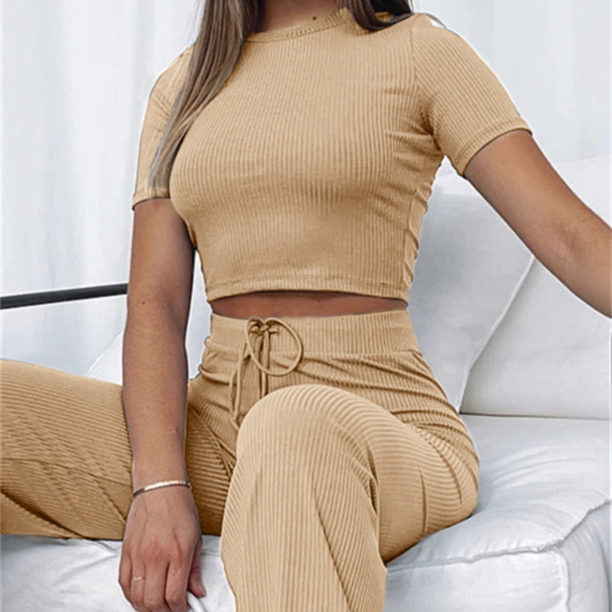 Conjunto de dos piezas de moda informal para mujer, color sólido, elástico, moldeador de cuerpo, manga corta, pantalones anchos