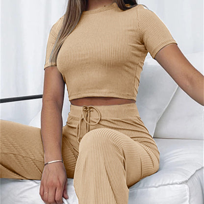 Conjunto de dos piezas de moda informal para mujer, color sólido, elástico, moldeador de cuerpo, manga corta, pantalones anchos
