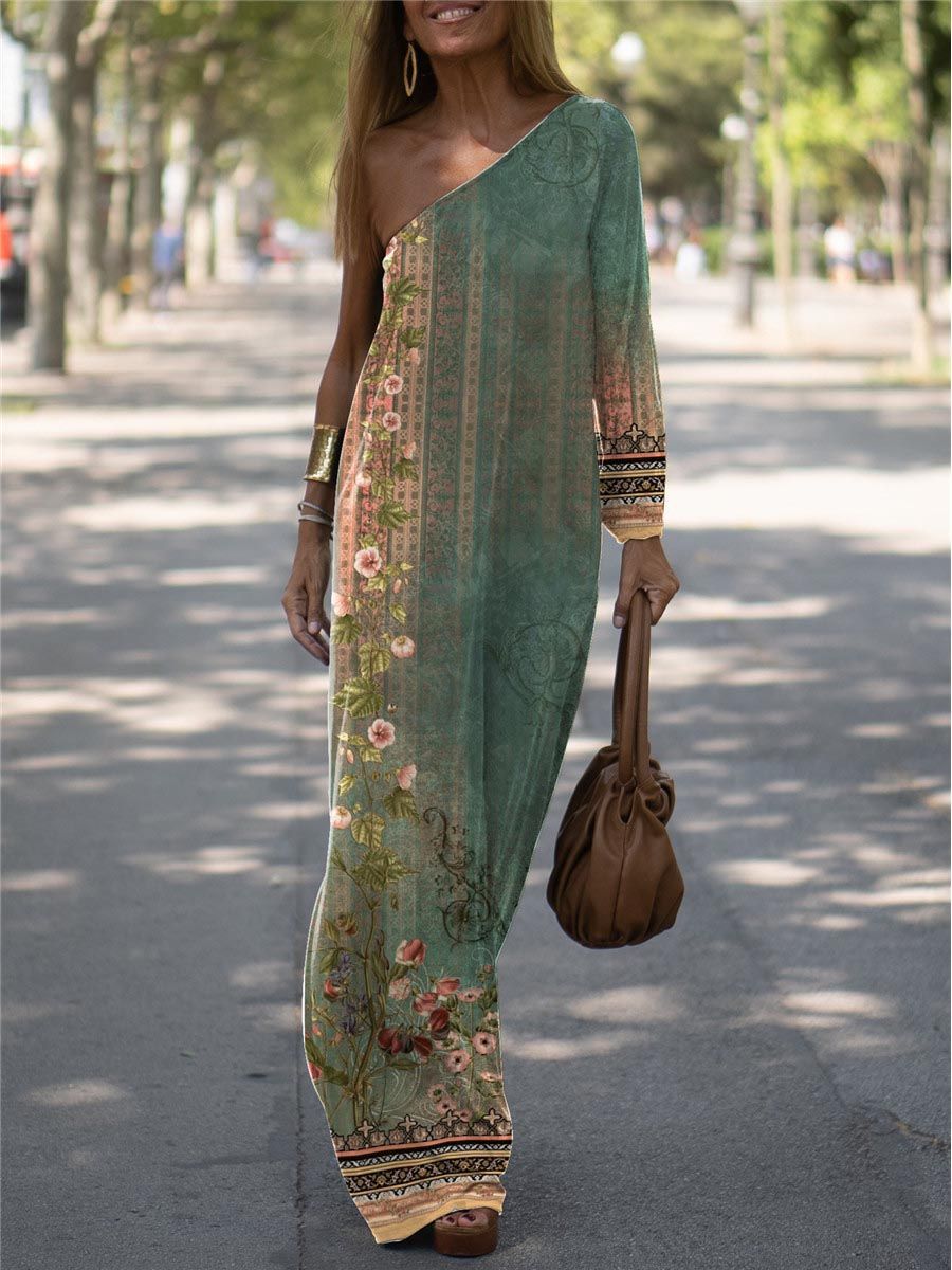 Women Casual Solid Color Loose One Sleeve Maxi Dress
