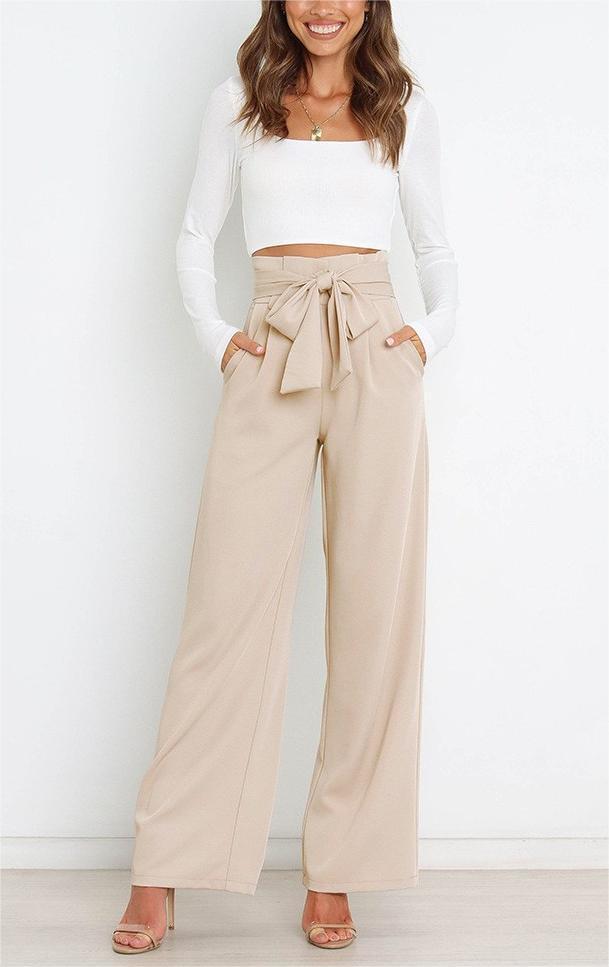 Pantalones casuales de cintura alta con lazo y cordones de color liso a la moda para mujer