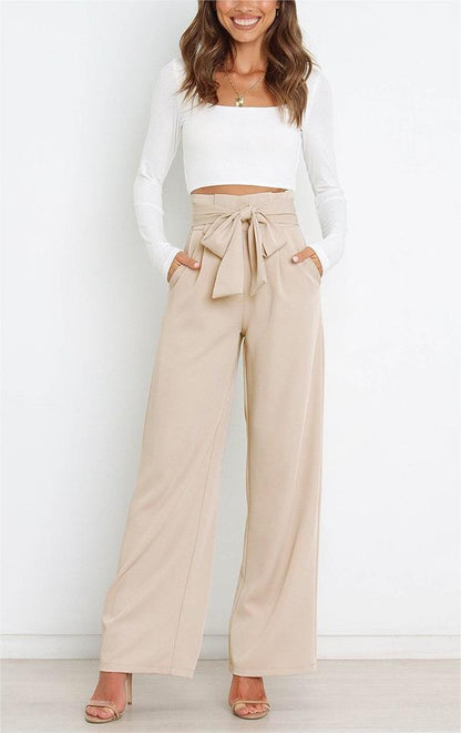 Pantalones casuales de cintura alta con lazo y cordones de color liso a la moda para mujer