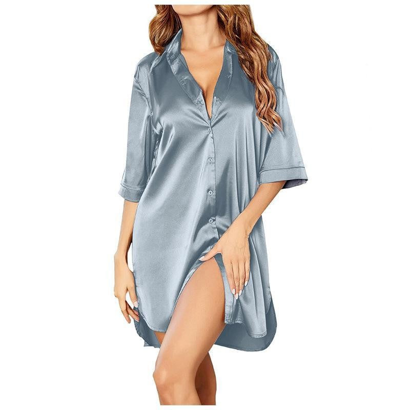 Women Fashion Casual Solid Color Lapel Single Breasted Dress Pajamas