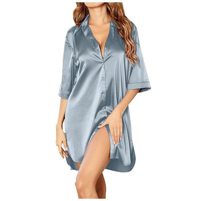 Women Fashion Casual Solid Color Lapel Single Breasted Dress Pajamas