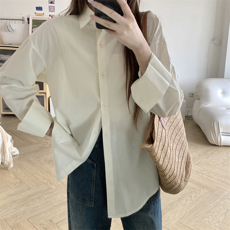 Women Basic Casual Long-Sleeved Shirt Loose Mid-Length Office Blouse
