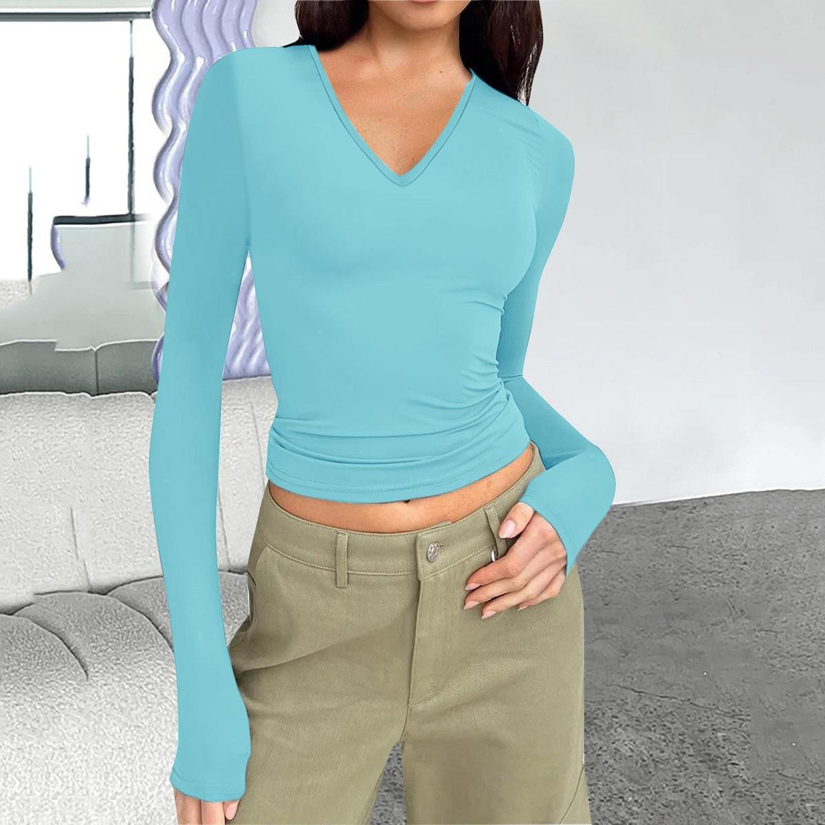 Women Casual Solid Color V-Neck Long Sleeve T-Shirt