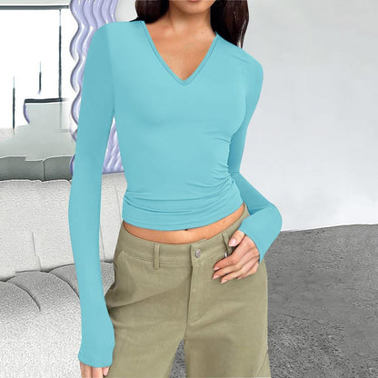 Women Casual Solid Color V-Neck Long Sleeve T-Shirt