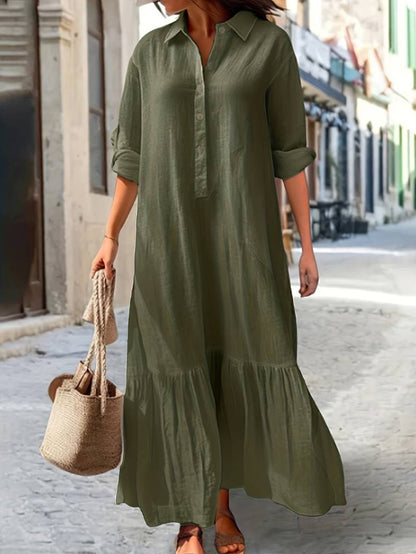 Vestido largo informal de algodón y lino con solapa para mujer, talla grande