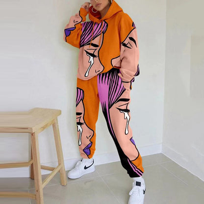 Conjunto de top y pantalón básico de manga larga con cuello redondo y estampado holgado para mujer