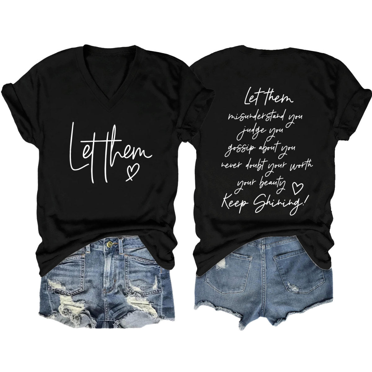 Camiseta informal de verano para mujer con estampado de letras de doble cara y cuello en V de manga corta