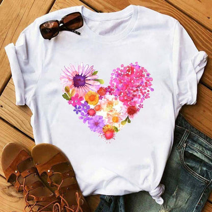 Camiseta informal de manga corta con estampado de corazones para mujer