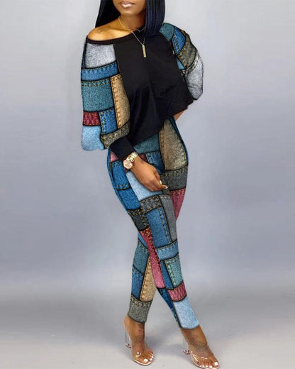 Conjunto de top holgado y pantalones ajustados con estampado gráfico informal de moda para mujer