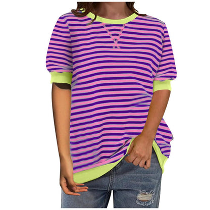 Camiseta informal sencilla de manga corta con estampado de rayas y cuello redondo con bloques de color para mujer