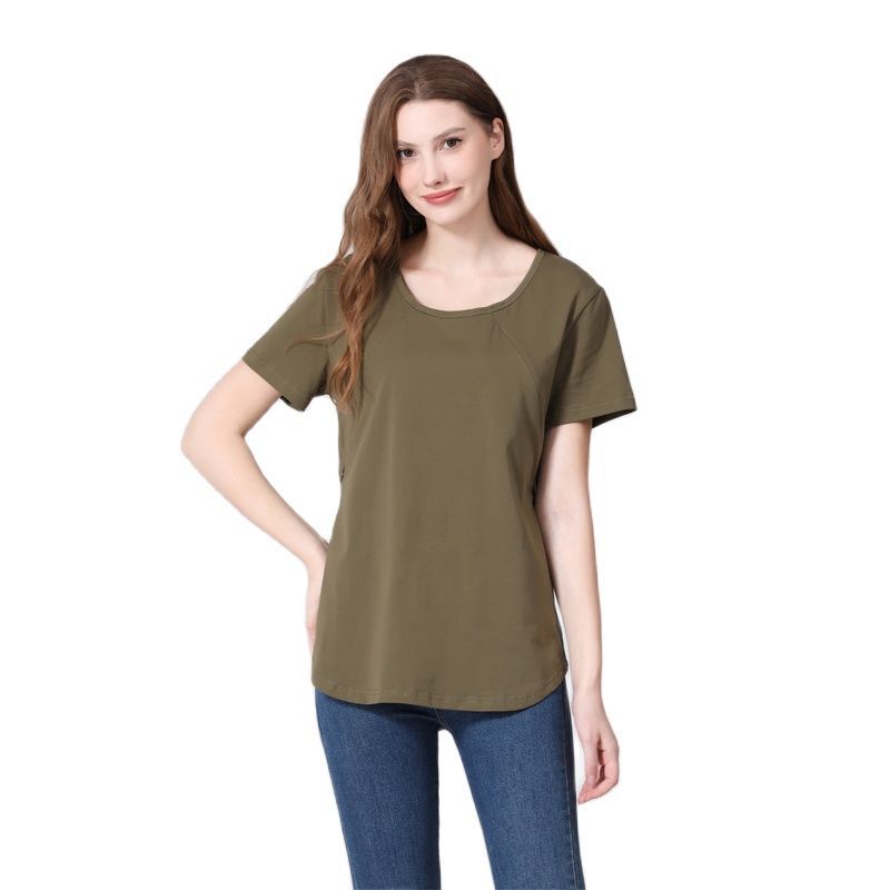 Camiseta informal de lactancia para embarazadas, color liso, cuello redondo y manga corta
