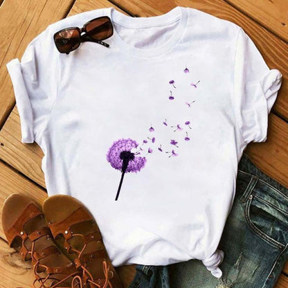 Camiseta informal de manga corta con estampado de diente de león para mujer