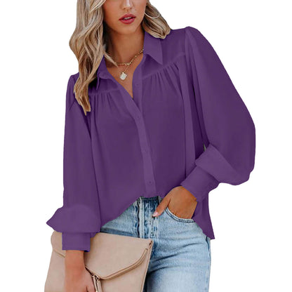 Casual Elegant Women Office Chic Solid Color Lapel Shirt Blouse