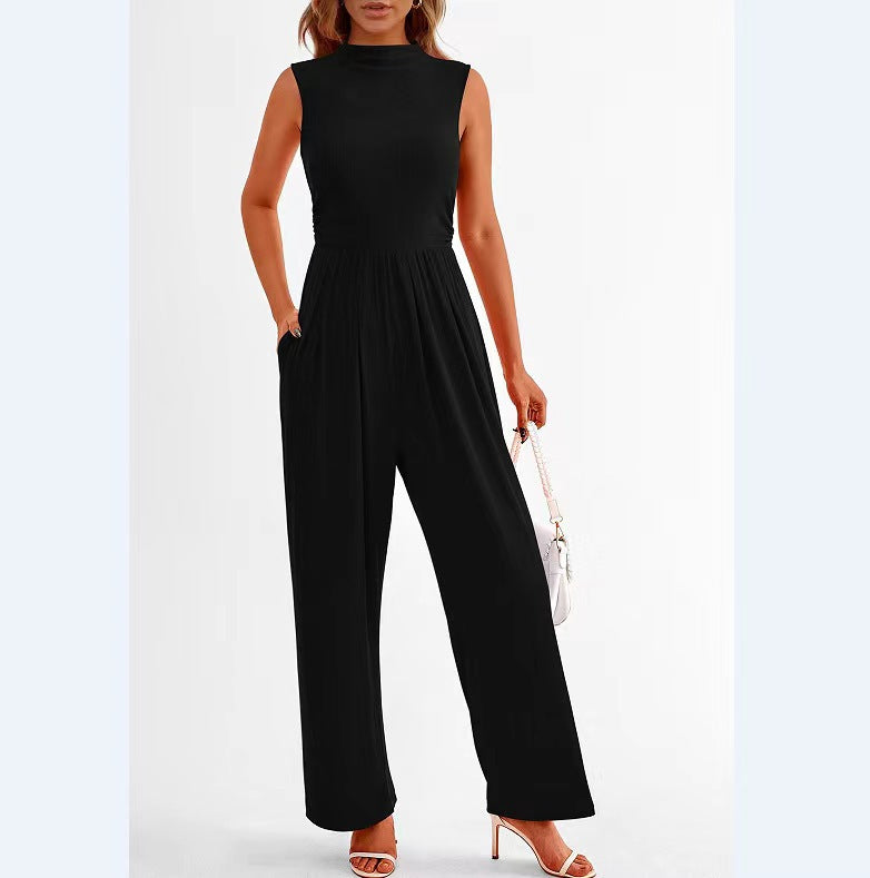 Summer Women Casual Solid Color Sleeveless Pocket Jumpsuit
