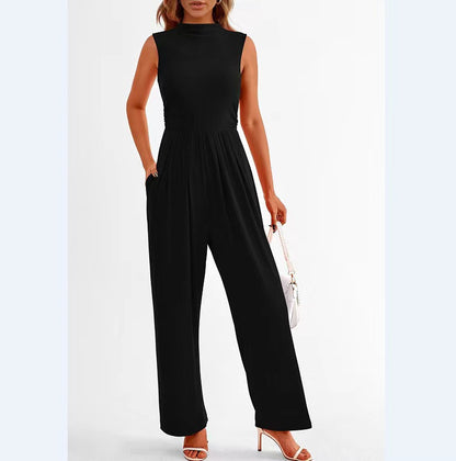 Summer Women Casual Solid Color Sleeveless Pocket Jumpsuit