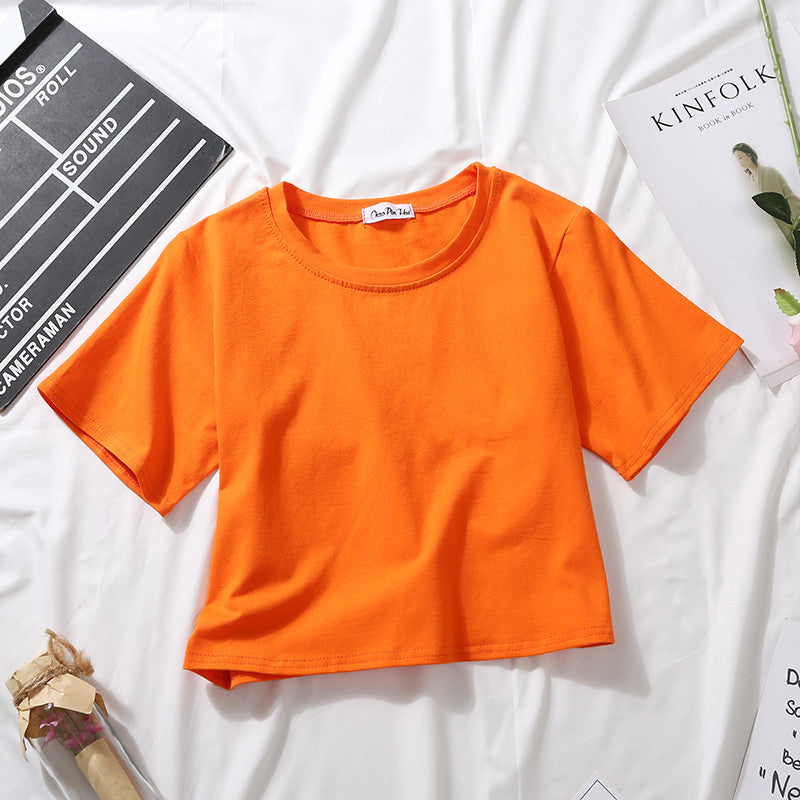 Camiseta básica de verano para mujer, de manga corta, color liso, con cuello redondo y cintura alta, informal, holgada