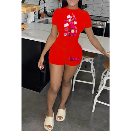 Fashion Casual Women Heart Letter Print Short Sleeve T-Shirt And Shorts Set