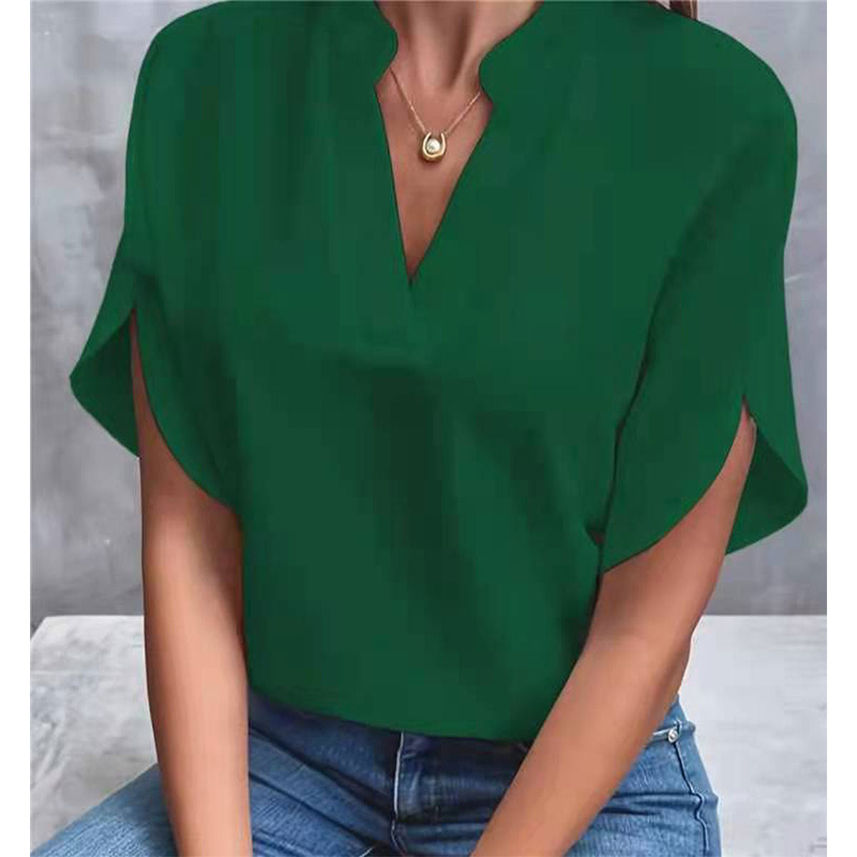 Women Summer V-Neck Shirt Solid Color Casual Short-Sleeved Pullover Office Blouse