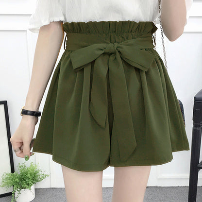 Women Fashion Casual Solid Color Lace-Up Wide-Leg Shorts