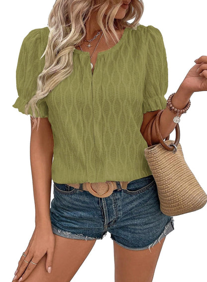 Blusa informal de jacquard de color liso con cuello en V y mangas abullonadas para mujer