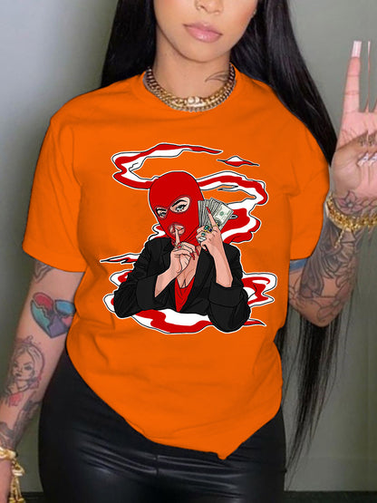 Camiseta informal holgada de talla grande para mujer, cuello redondo, manga corta, capucha, estampado gráfico "Toma dinero" para hombre