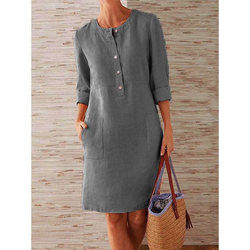 Women'S Casual Solid Color Round Neck Long Sleeve Dress