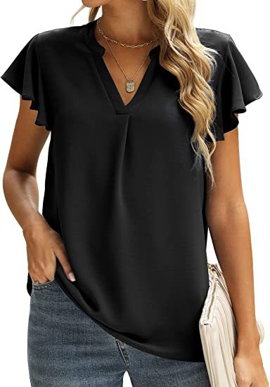 Blusa informal de gasa de color liso con cuello en V y mangas cortas con volantes para mujer