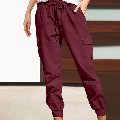 Women Solid Color Casual Fashion Pocket Lace-Up High Waist Pants