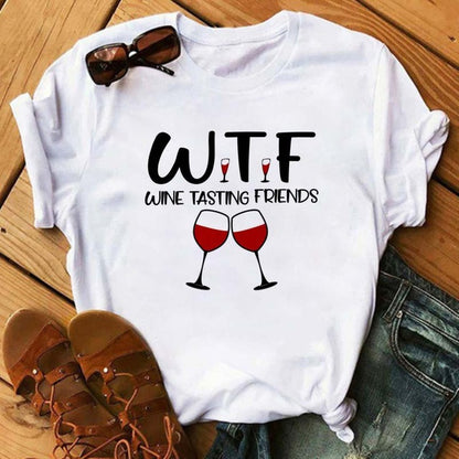 Camiseta holgada informal de manga corta con estampado gráfico de vino para mujer