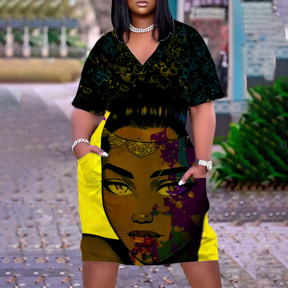 Women Casual Graffiti Printed Vintage 3D Pocket Loose Plus Size Dress