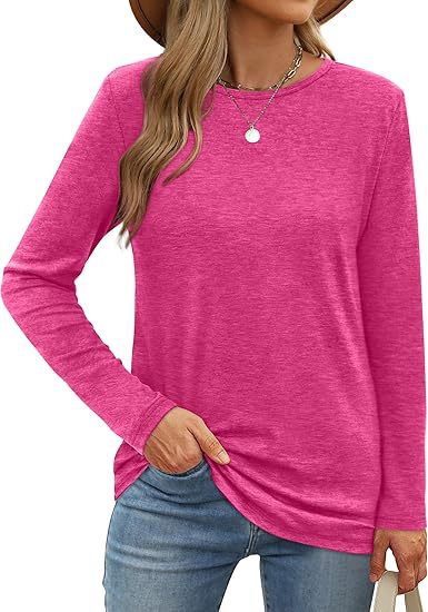 Camiseta informal de verano para mujer, color liso, cuello redondo, manga larga, en blanco