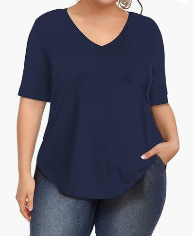 Summer Women Casual Plus Size Solid Color V-Neck Short-Sleeved T-Shirt