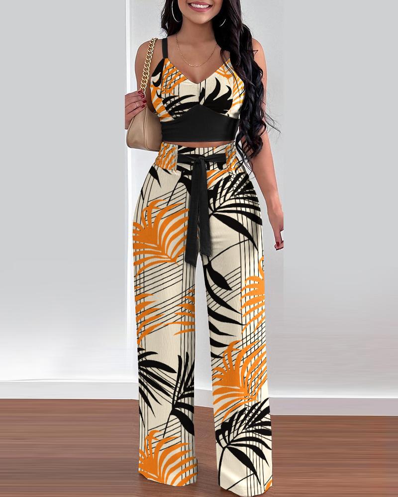 Conjunto de dos piezas para mujer, con top corto, pantalones holgados con cordones y estampado floral informal