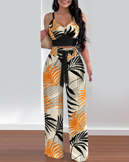 Conjunto de dos piezas para mujer, con top corto, pantalones holgados con cordones y estampado floral informal