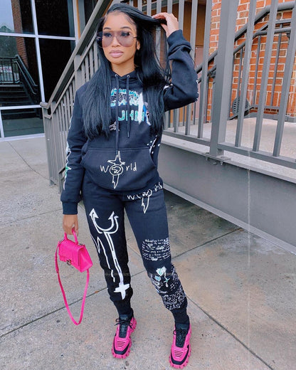 Conjunto de dos piezas de suéter y pantalones con capucha y estampado informal para mujer, moda Otoño Invierno