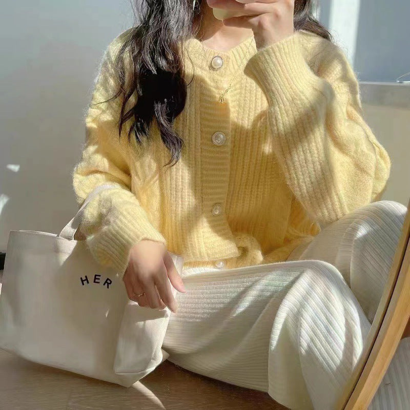 Suéter tipo cárdigan liso de manga larga con cuello redondo y tejido trenzado para mujer, informal, de invierno