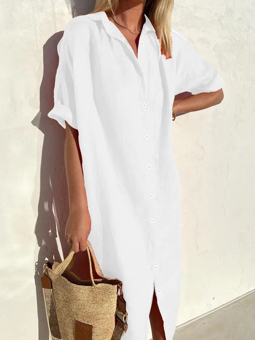 Women Elegant Casual Loose Short-Sleeved Button Cotton Linen Long Pocket Maxi Shirt Dress