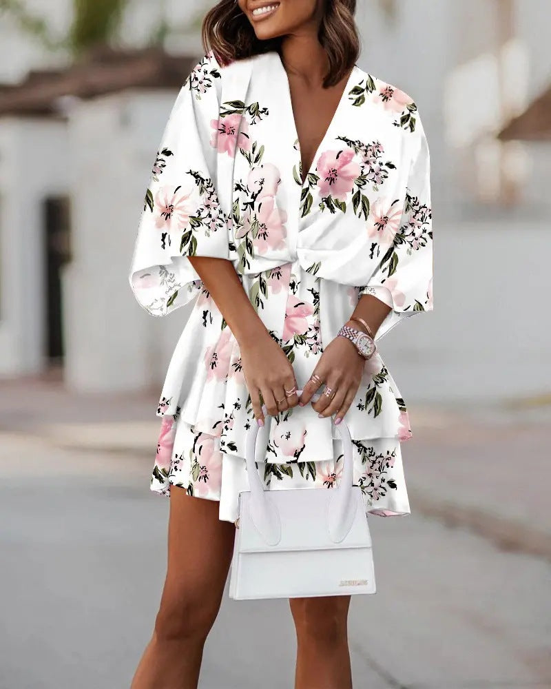 Vestido informal con estampado geométrico y mangas murciélago y cuello en V para mujer