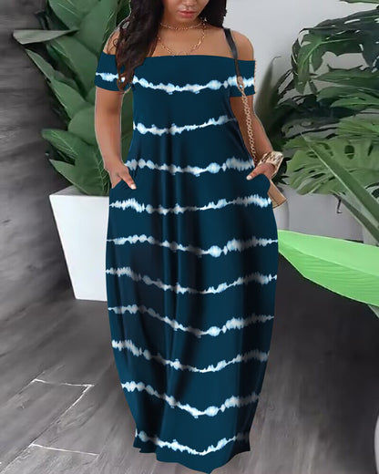 Women Casual Fashion Short Sleeve Off-Shoulder Graphic Printed Maxi Dress