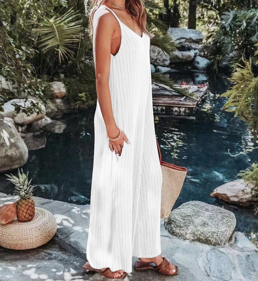 Women Fashion Casual Solid Color Threaded V-Neck Spaghetti Strap Backless Jumpsuit