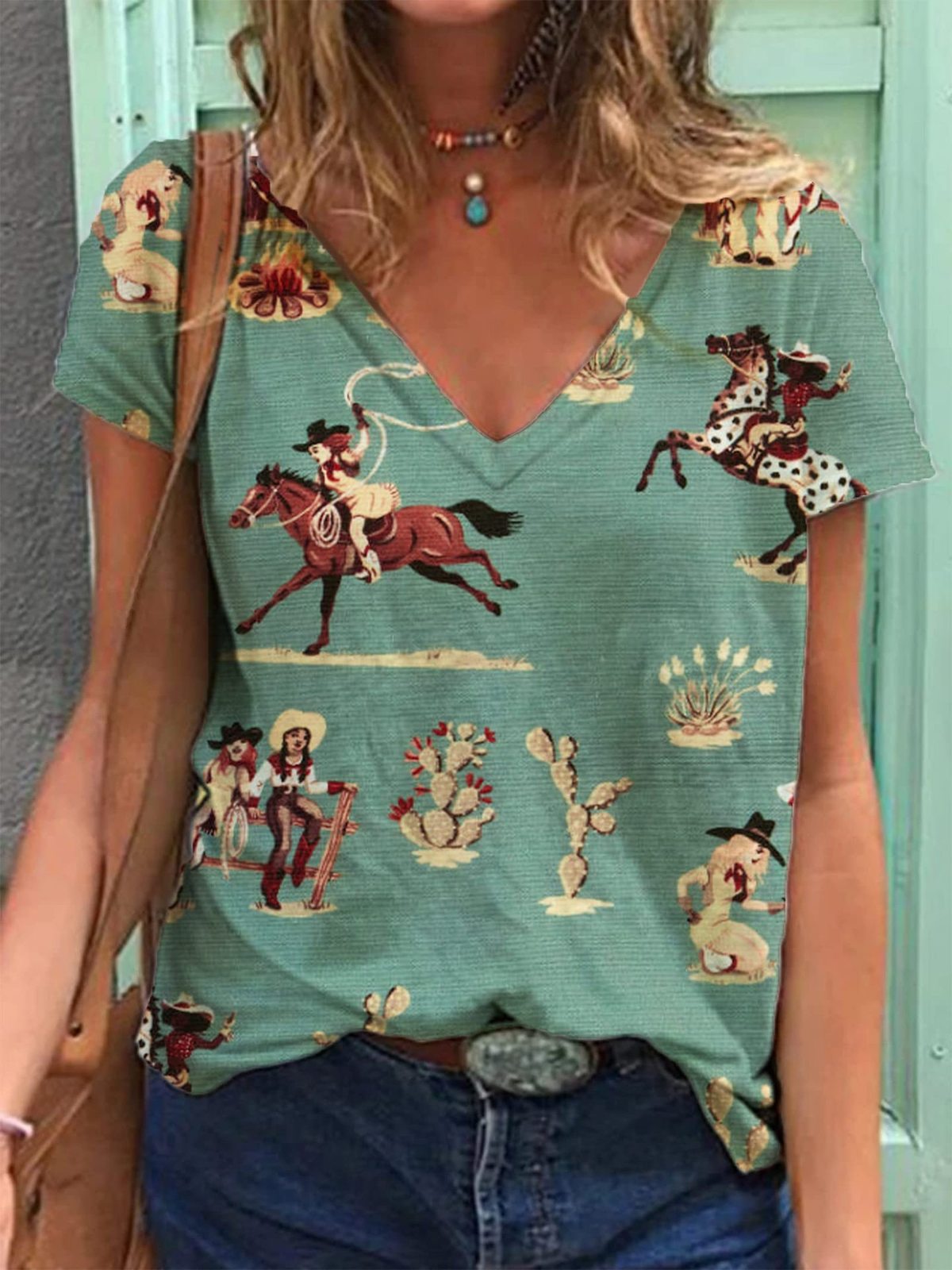 Camiseta informal holgada con cuello en V y manga corta para mujer