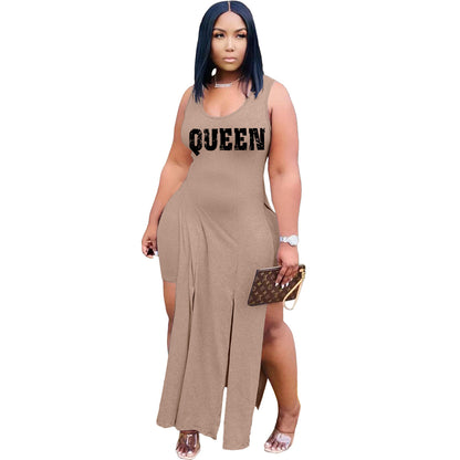 Conjunto de dos piezas básico informal sin mangas con estampado de letras Queen y dobladillo irregular para mujer y pantalones cortos de color liso